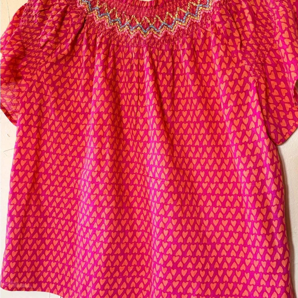 Ivy Jane Smocked Neck Pink Heart-Print Blouse size M preppy upscale - Picture 3 of 7